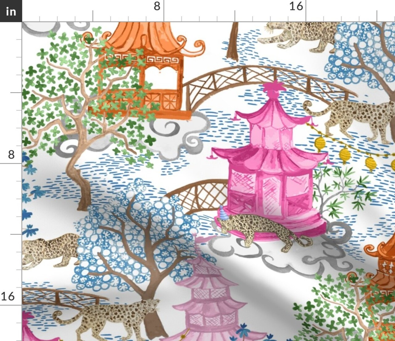Chinoiserie Pagoda Leopards Pink And Rust Asian Inspired Watercolor Landscape Custom Printed Fabric by Spoonflower Various Fabrics by the Yard or Fat Quarter